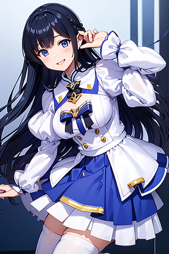 Mecha Wings、White and blue skirt、Accentuated thighs、White tights、chest、Beautiful black hair、1 girl、solo girl、Thick thighs、is、Frame Arms Girl、Alice Gere Aegis、White Armor、Blue and purple lines、income、headphone、hand on own chest、smile、idol costume、Ami Maejima、maesima ami