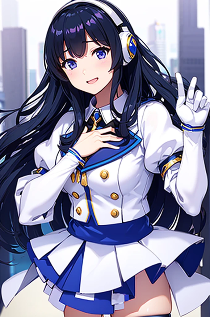 Mecha Wings、White and blue skirt、Accentuated thighs、White tights、chest、Beautiful black hair、1 girl、solo girl、Thick thighs、is、Frame Arms Girl、Alice Gere Aegis、White Armor、Blue and purple lines、income、headphone、hand on own chest、smile、idol costume、Ami Maejima、maesima ami