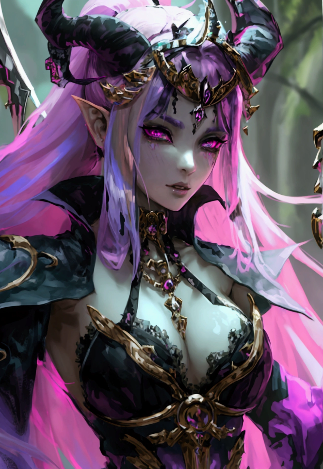 Vampire Queen Combat Dress (Radiant Royal Cloak: 1.2) Black and Purple Color, (extremely delicate beautiful eyes and depression but arrogant eyes), (multicolor, ponytail, iridescent hair, colorful hair, half purple and half pink hair: 1.3), (magical, mythic,fantasy), (Super Model Body Shape, idol, seducing body, attractive, gorgeous, charming, majesty, Sexy Devil aura), Original Character, Masterpiece, Tempting Purple Eyes, Purple Gemstone Accessories, Gold Belt, Gold Necklace, Wind Evil and body floating effect, Soft Moonlight, unique crown, (Corruption Tattoo on 1;1.25), (holding a Giant Scythe 1:1.3), 16k wallpaper style,bare shoulders, cute, petite, solo, stars, stardust, shiny body detailed, killing scenario, legend, horny blush, pink lips, cinematic lighting, full body close-up, scale up, twilight, dark magic, dark element, villain, battle mage, blindfold, solo leveling art style, perfect shade, shadow warrior, glowing armor