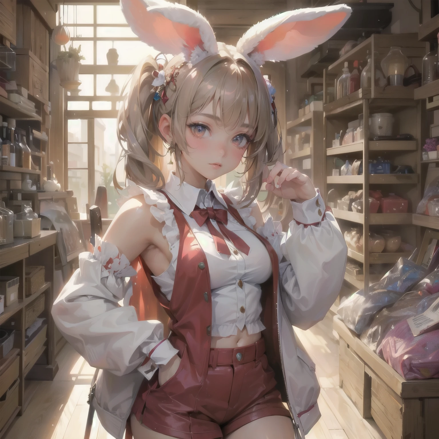  masterpiece, (Textured Skin), best quality, Gorgeous beautiful girl, (Female rabbit ears,Rabbit tail),,Detailed clothes,Large Breasts,Willow Waist,, (Pretty Face), light, (Fantasy Anime Art ),