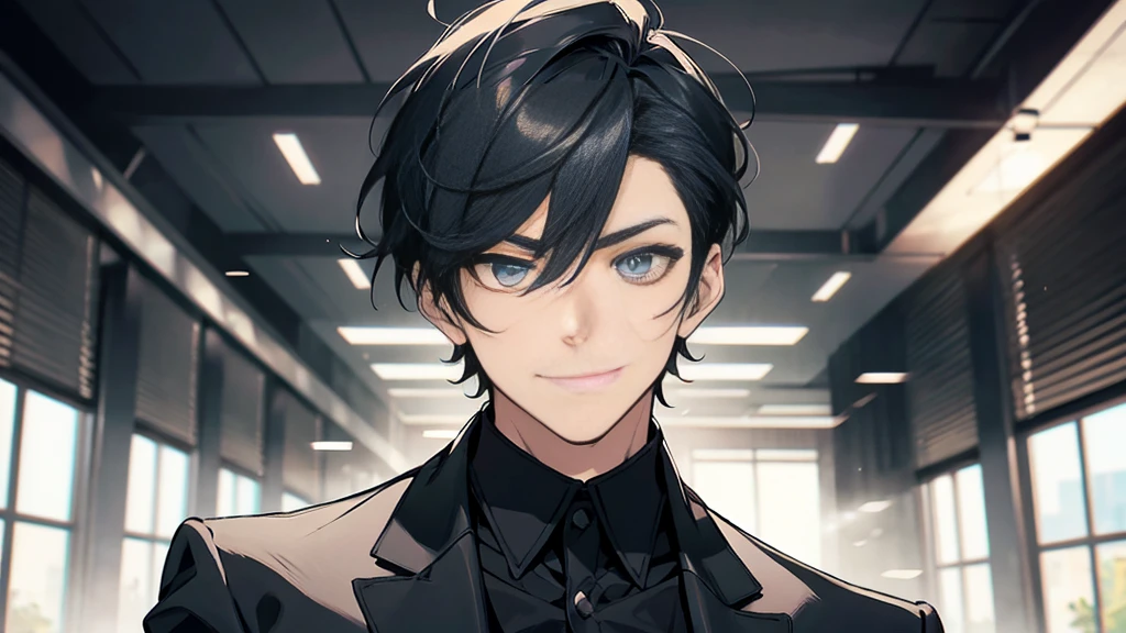 ,Masterpiece,best quality,Very detailed,anime,a handsome man, man,manที่เป็นผู้ใหญ่, A quiet and charming young man, 30 years old, smile, gag, Portrait, Highly detailed face, ((blue eyes)), ((ผมสั้นblack)),manหล่อ ,Short hair Quiff Hairstyle,ผมสั้นblack,blue eyes, alone,stare,smile,stand,back light,blue eyes,no background,business suit, เสื้อสูทblack(black),เสื้อเชื้ตblack, All Black,Masterpiece,best quality,Very detailed