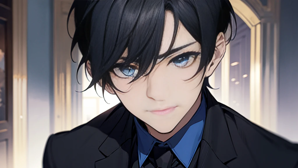 ,Masterpiece,best quality,Very detailed,anime,a handsome man, man,manที่เป็นผู้ใหญ่, A quiet and charming young man, 30 years old, smile, gag, Portrait, Highly detailed face, ((blue eyes)), ((ผมสั้นblack)),manหล่อ ,Short hair Quiff Hairstyle,ผมสั้นblack,blue eyes, alone,stare,smile,stand,back light,blue eyes,no background,business suit, เสื้อสูทblack(black),เสื้อเชื้ตblack, All Black,Masterpiece,best quality,Very detailed