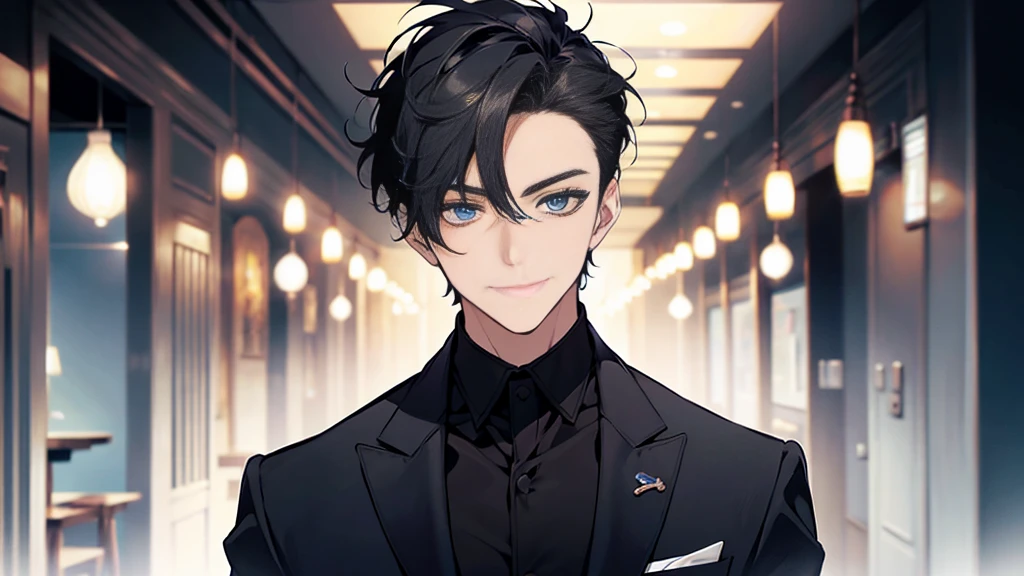 ,Masterpiece,best quality,Very detailed,anime,a handsome man, man,manที่เป็นผู้ใหญ่, A quiet and charming young man, 30 years old, smile, gag, Portrait, Highly detailed face, ((blue eyes)), ((ผมสั้นblack)),manหล่อ ,Short hair Quiff Hairstyle,ผมสั้นblack,blue eyes, alone,stare,smile,stand,back light,blue eyes,no background,business suit, เสื้อสูทblack(black),เสื้อเชื้ตblack, All Black,Masterpiece,best quality,Very detailed