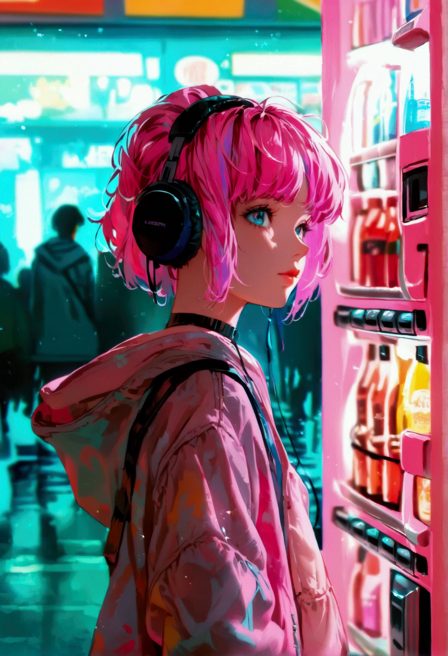 Pink and blue hair girl, soda, Inspired by 90s anime, Cyberpunk City, praise, colorful, listen to music, Pink Hair, Blue Hair、Standing in front of a pink vending machine