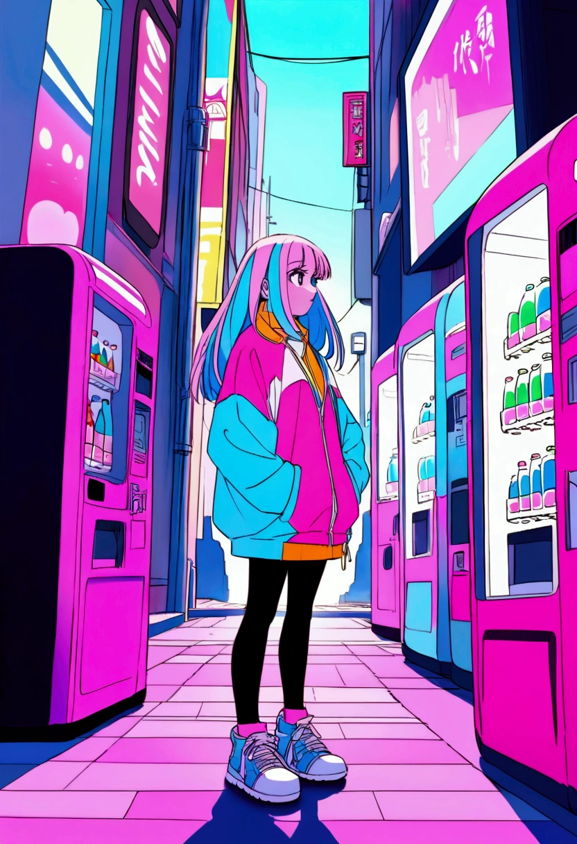 Pink and blue hair girl, soda, Inspired by 90s anime, Cyberpunk City, praise, colorful, listen to music, Pink Hair, Blue Hair、Standing in front of a pink vending machine