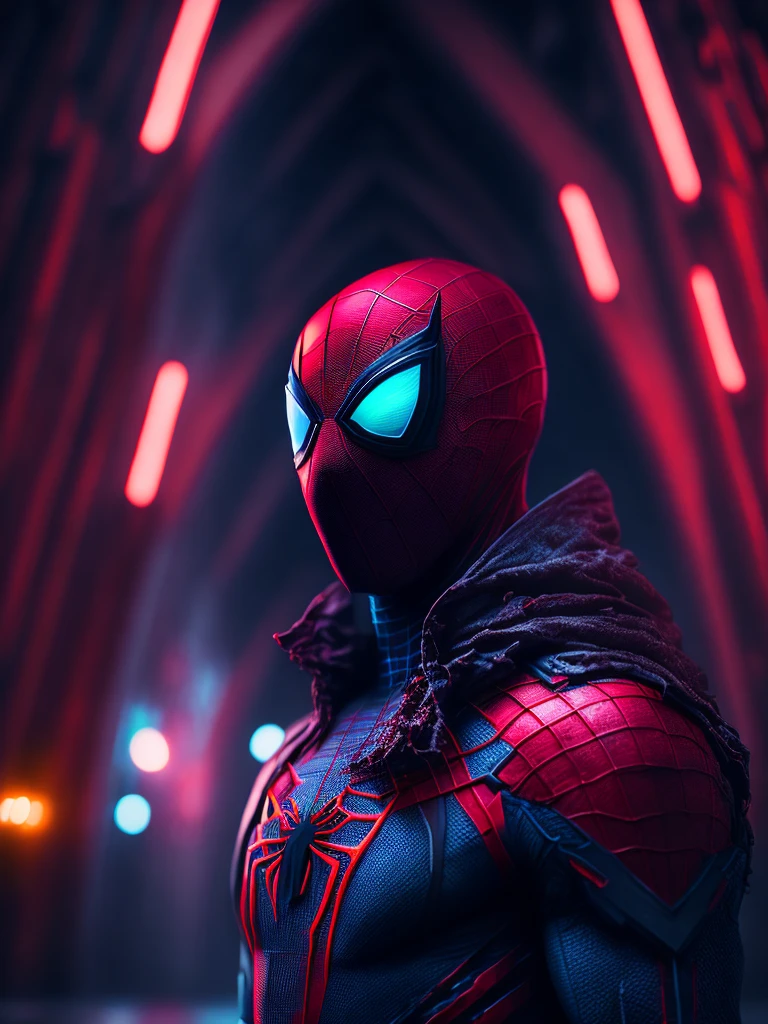 gloomy portrait of Bloody Spider-Man from Marvel with intricate angular cybernetic implants inside a brutalist building, gothic brutalist cathedral, cyberpunk, award-winning photo, bokeh, neon lights, cybernetic limb
