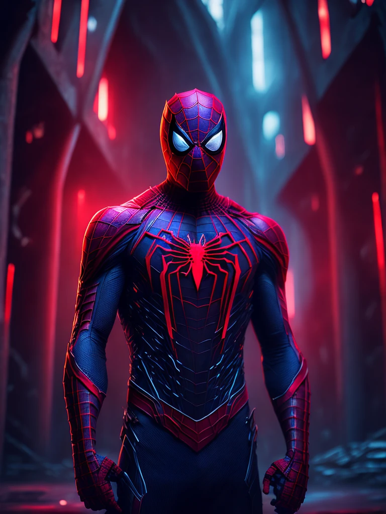 gloomy portrait of Bloody Spider-Man from Marvel with intricate angular cybernetic implants inside a brutalist building, gothic brutalist cathedral, cyberpunk, award-winning photo, bokeh, neon lights, cybernetic limb