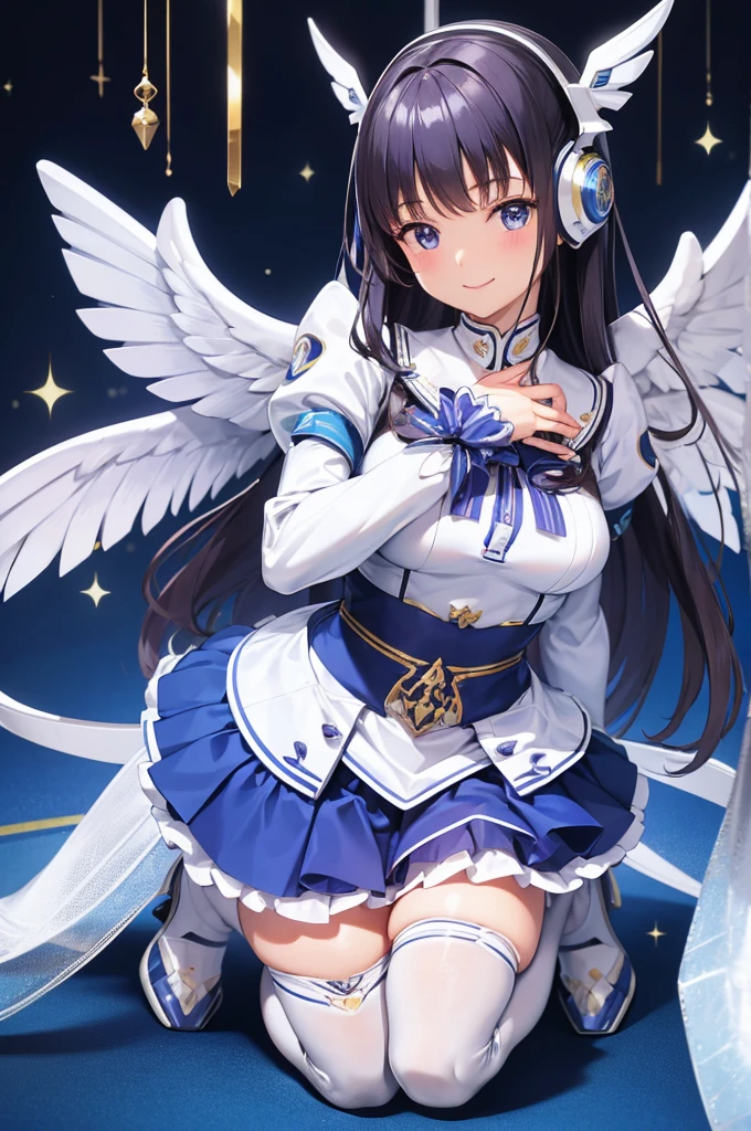 Mecha Wings、White and blue skirt、Accentuated thighs、White tights、chest、Beautiful black hair、1 girl、solo girl、Thick thighs、is、Frame Arms Girl、Alice Gere Aegis、White Armor、Blue and purple lines、income、headphone、hand on own chest、smile、idol costume、Sumire Uesaka、Uesaka Sumire
