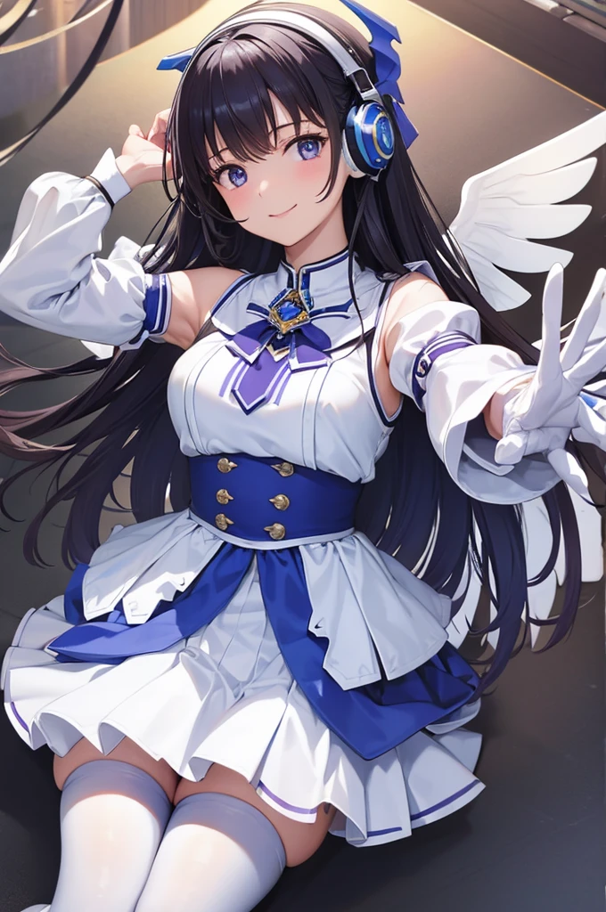 Mecha Wings、White and blue skirt、Accentuated thighs、White tights、chest、Beautiful black hair、1 girl、solo girl、Thick thighs、is、Frame Arms Girl、Alice Gere Aegis、White Armor、Blue and purple lines、income、headphone、hand on own chest、smile、idol costume、Sumire Uesaka、Uesaka Sumire