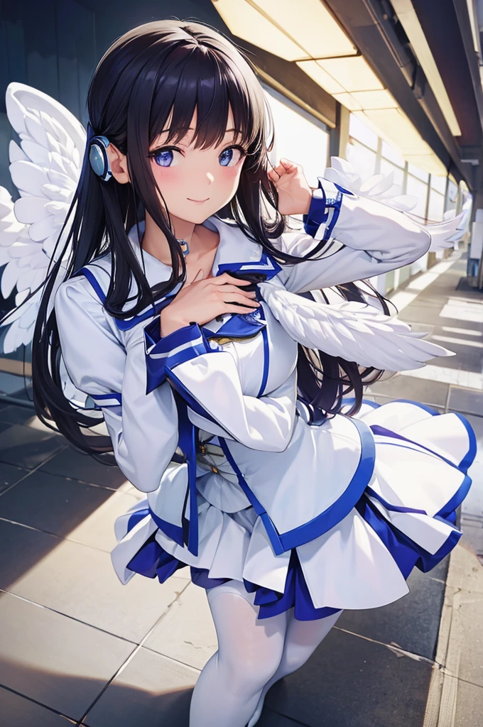 Mecha Wings、White and blue skirt、Accentuated thighs、White tights、chest、Beautiful black hair、1 girl、solo girl、Thick thighs、is、Frame Arms Girl、Alice Gere Aegis、White Armor、Blue and purple lines、income、headphone、hand on own chest、smile、idol costume、Sumire Uesaka、Uesaka Sumire
