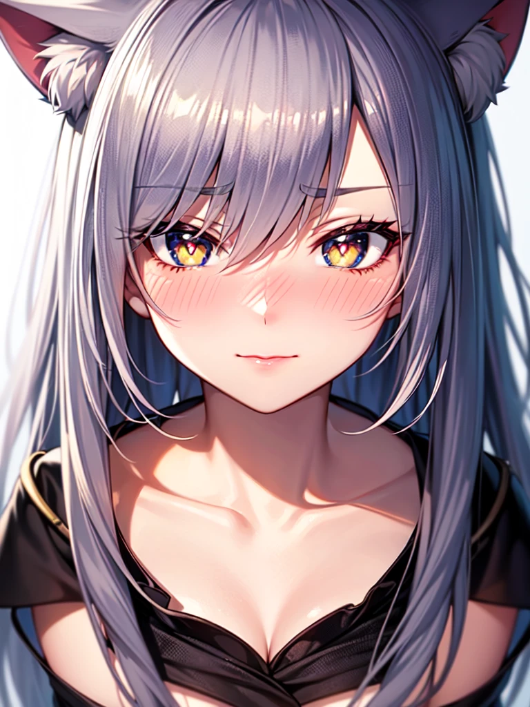 obra de arte, Melhor qualidade, super fine illustration, ultra-high resolution ultra-detail, TF_prata_, pet, HeadpatPOV, pov, headband, corar, sorriso leve, olhando para o espectador, de cima, 1 garota, , seios pequenos, olhos cinzentos, cabelo grisalho, ((cicatriz de queimadura)), cicatriz no rosto, brown dresser behind, vestido marrom ombro a ombro esfarrapado, Wariza, clavicle, quarto de madeira, coxas, quarto decadente, cabelo medio
