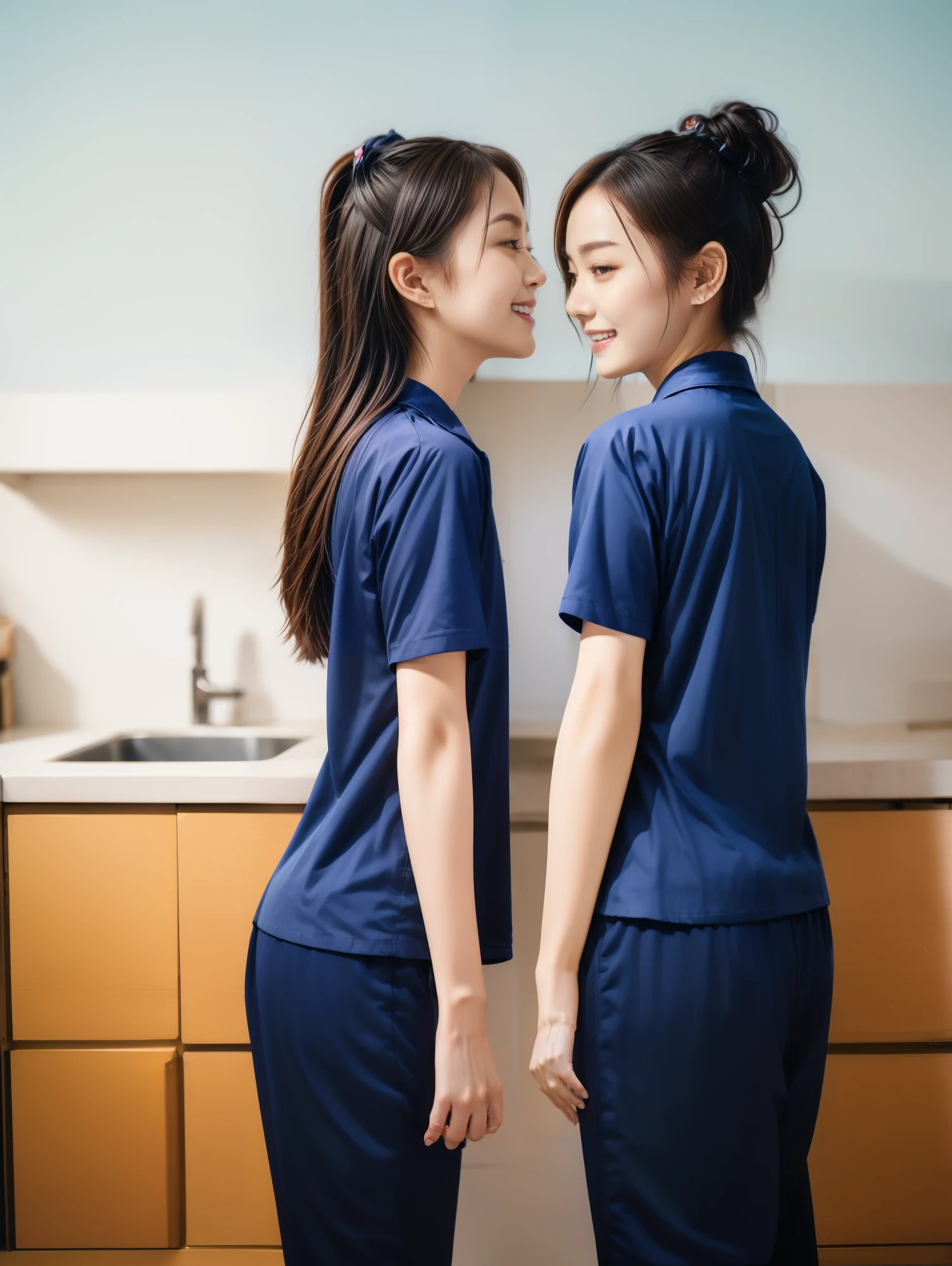 (best quality,10,10,height,Masterpiece:1.2),Special details,(realistic,ภาพrealistic,Realistic photos:1.37),1 Cute girl in the kitchen,shiny, ผิวshiny,only,smile softly,BDclothelue shirt:1.3)),short sleeve,shirt, กางเกงขาlong.,(navy_long_track pants:1.1), ((Kitchen Background)),Dynamic angle,excited,Face focus,dynamic poses,from behind,focus on ass,Masterpiece, best quality, ultra realistic, hyper detail, 8k resolution, raw photos, Sharp focus, ((Navy blue shirt:1.1)), short sleeve, เส้นทางlong, perfect body, 2 mature women, 18 years old, Cinema-grade lighting system,blue sweatpants,shirtผ้าออกกำลังกาย,correct anatomy,perfect body, correct body, Sharp face, correct bodyทางกายวิภาค, full body, realistic gestures, long-haired, realistic poses,Wear long shorts...........................,ช่วงขาlong,Good shape,carved girl, Slender figure, model, Good shape, beautiful body,blue sweatpants, two girls kissing