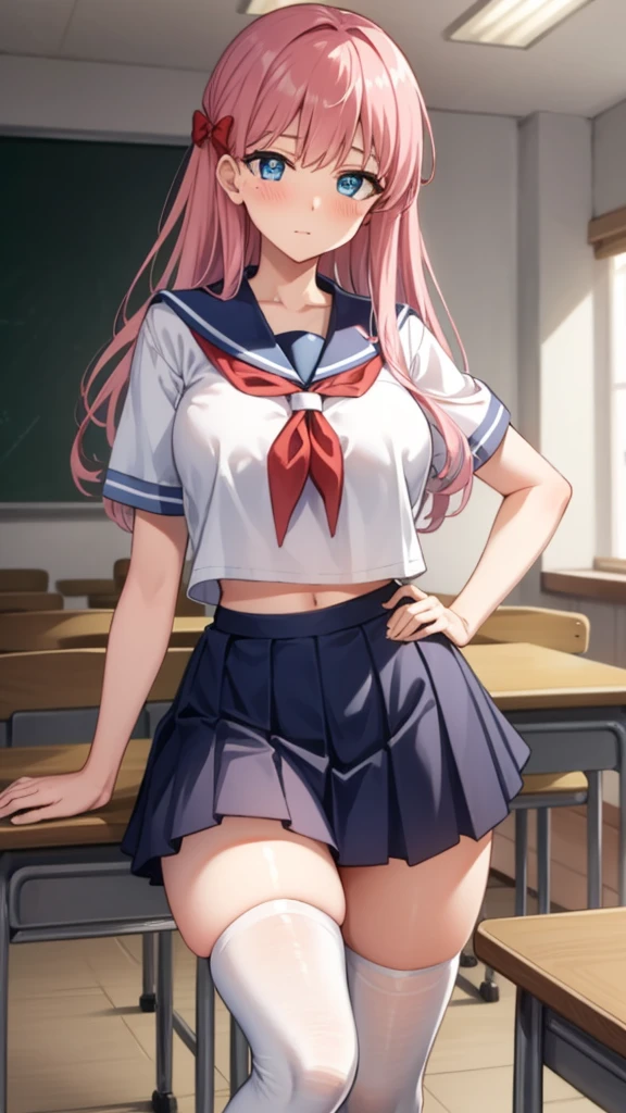 {{{masterpiece}}}, {{{best quality}}}, {{ultra-detailed}}, {illustration}, {{an extremely delicate and beautiful}}, (beautiful detailed eyes:1.6), extremely detailed face, 8k, anime face, nodoka haramura(Saki), cute face, blue eyes, hair bow, long hair, pink hair, red bow, large breasts, thin waist, big hips, curvaceous, {kiyosumi high school uniform}, {school uniform}, serafuku, short length serafuku, short sleeve, red long neckerchief, navel, blue skirt, pleated skirt, microskirt, G stockings, white stockings, thighs, zettai ryouiki, BREAK, standing, embarrassed, flushed cheeks, indoor, daytime, in the classroom, mahjong table, mahjong tiles, have mahjong tiles