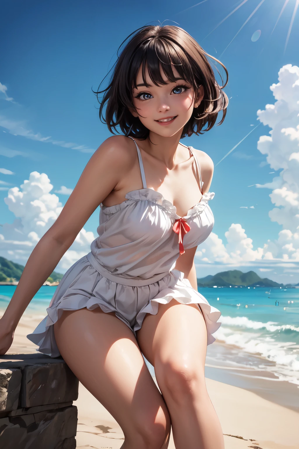 very cute and beautiful girl,(highly detailed beautiful face and eyes),white camisole,cute ruffle petticoat, exposing thighs,dynamic pose,(smile:1.2),happy,looking at viewer,black hair,beach,tropical resort, (best quality,masterpiece),absurdres,highres,ultra-detailed,extremely detailed,32k,8k resolution, intricate details,cinematic scene,detailed background,solo,dynamic angle, natural lighting,beautiful detailed sky,