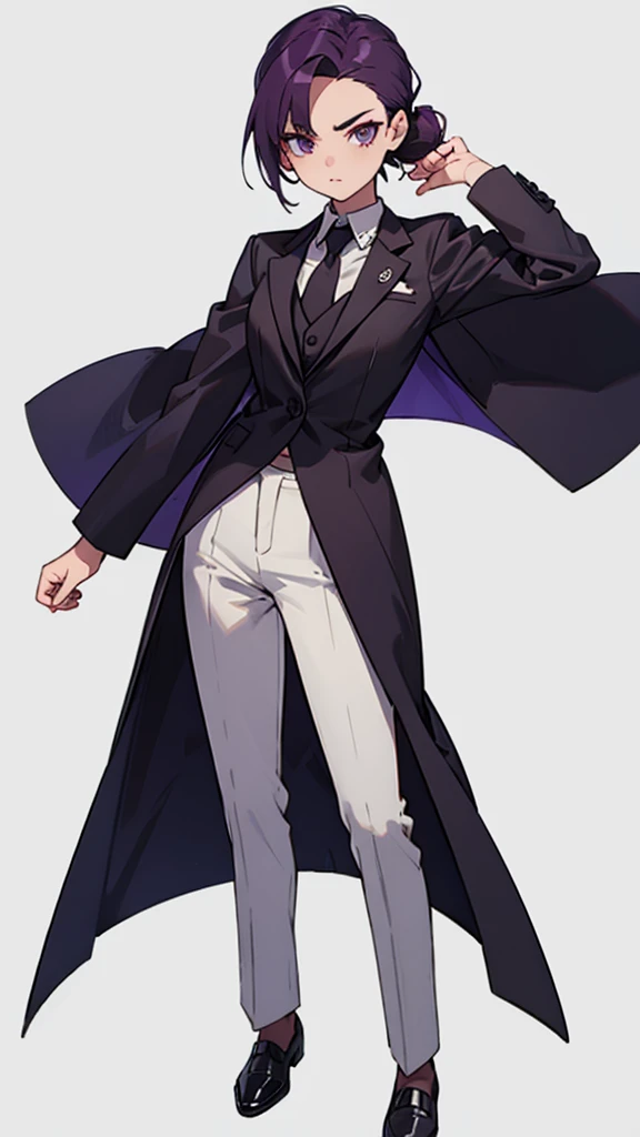 1.Cross-dressing girl,suit,Hair style slicked back,Dark purple hair,Leather shoes,whole body,White background,濃い紫のsuit,pants,Photographer,Single-lens reflex camera,Cool standing figure,