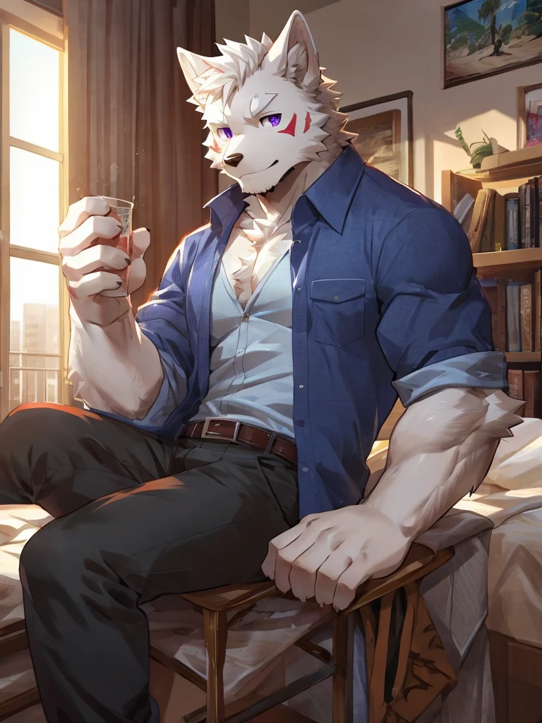 embedding:black wolf, male,purple eyes,Scar on the face, scar on the body,Single person，The fur on the chest and abdomen is white.Inside the apartment,Elder brother.Modern apartment, President of the company,clean and tidy.casual Shirt，Casual pants,Gentle,Maturity,The highest quality of scene detail,adult,Tall and powerful,muscle，Best quality hands, best quality eye，detailed fur，Delicate eyes.Extreme picture quality，by sollyz,by zixiong,by milkytiger1145