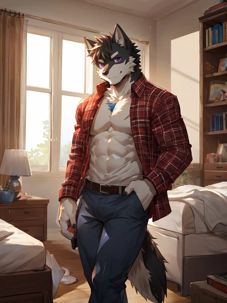 Furry, anthropomorphic wolf, light gray fur, yellow eyes, 6'5 and 208 lbs, 45" Chest, 20" shoulders, 15" Biceps, 34" waist, 24" thighs, 16" calves, 19" Back, shirtless, wearing pastel purple pajama pants, looking tired, looking content, Lavender gray walls, log cabin 