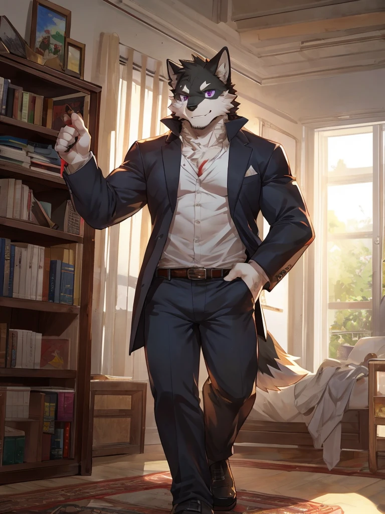 by zackary911,by chunie,(by meesh:1.2),by kiyosan,by sigma , ((masterpiece)), ((8k quality)), (no watermark), stolas, male, mouth closed, detailed office background, (solo:1.4), suit pants, shirtless, (leaning on desk), sexy, blushing, wide hips, thick thighs, looking at viewer