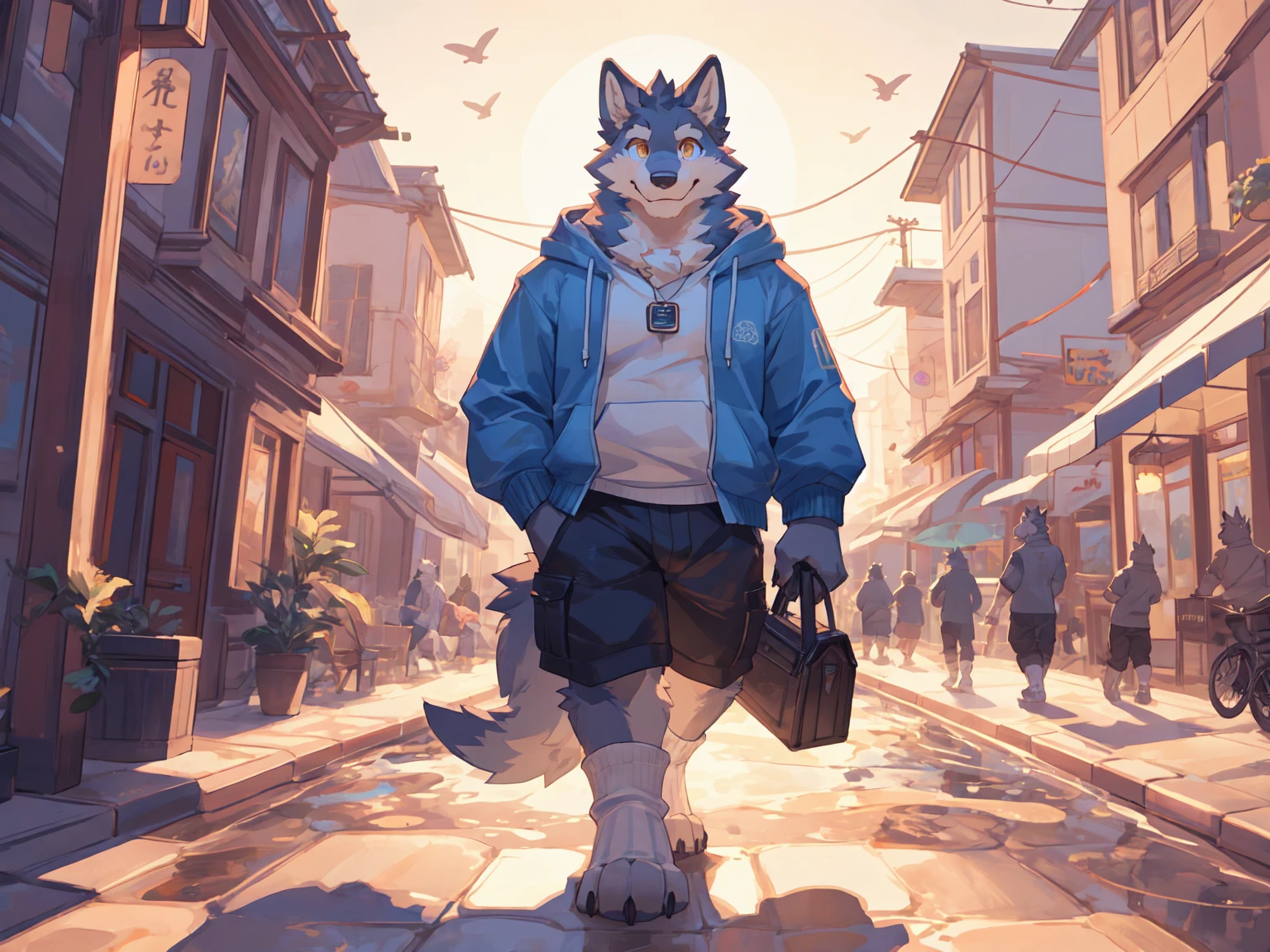 Best quality, Professional, Vivid Colors, establishing shot, wolf, Muscular male, kemono, by bigcozyorca, Solo, grey Fur, white body, golden eyes, pectorals, (detailed face, detailed eyes:1.5), open hoodie, shorts, white socks, joyful smile, walking along the beach, tidal, at sunset, golden sunlight, warm glow, Ray tracing, detailed shadow,