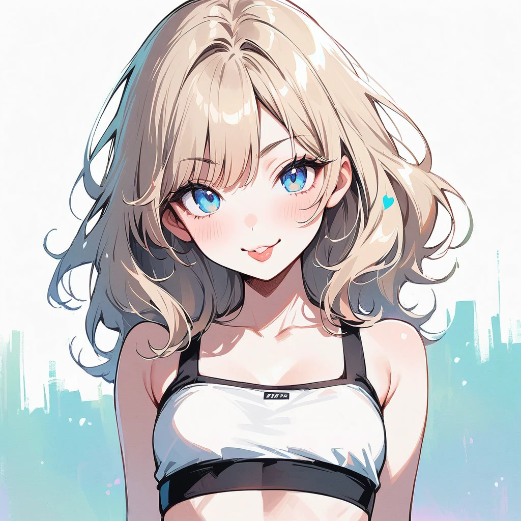 Beautiful girl, light blonde hair, pale blue eyes, rosy cheeks, heart-shaped lips, solo, smiling, ethereal, sassy, small crop top, cheeky, attitude