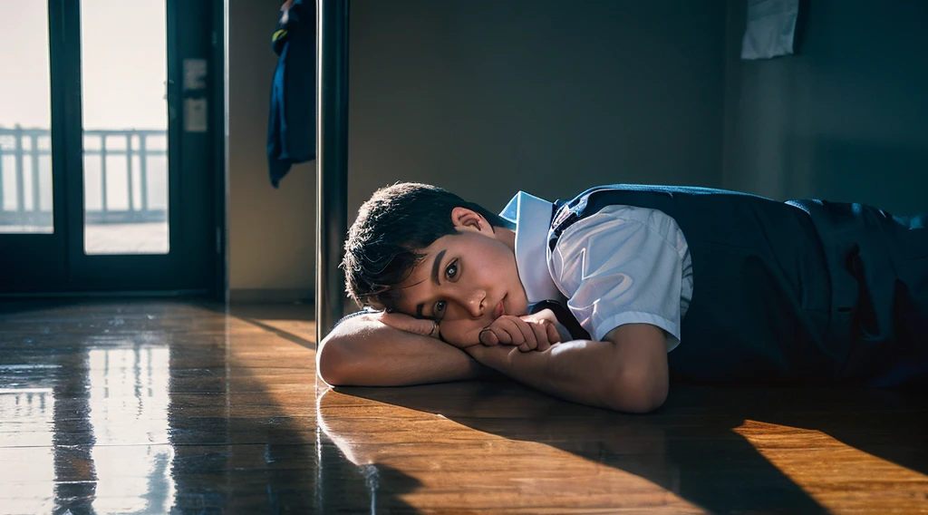 Photorealistic representation of a 7--old  with straight dark brown hair, bangs covering his forehead, and large, expressive brown eyes. His round face and slightly rosy cheeks contribute to his innocent appearance. The boy is partially wearing a navy blue , with a Superman t-shirt underneath. He is sitting inside a small Lutheran chapel, which exudes a hopeful and melancholic atmosphere.

The scene portrays the hope and faith of an autistic boy in the mid-90s. Meticulously capture the shadow of a wing in the background, symbolizing protection and guardianship. The lighting should enhance the peaceful yet poignant mood, reflecting the deep drama and bullying that many autistic children suffered during that period. The boy's expression should convey both resilience and vulnerability, highlighting his inner strength and faith.

