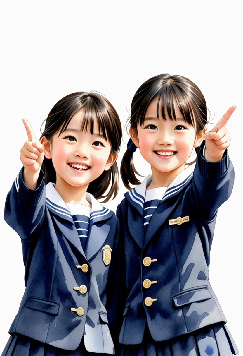 Hand-drawn watercolor illustration, Two Girls,Japanese elementary school students, Navy blue sailor suit,6 years old, smile,Point diagonally upwards,cute, cute, Simple, Pencil line drawing