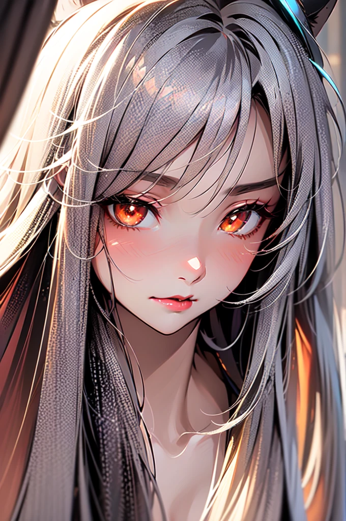 shy, embarrassed, blush, closed mouth, bright pupils, glint, red lips, nose blush, cat ears, longeyelashes, slit pupils, wide eyes, amber eyes, shiny hair, long hair, silver hair, high detail, anime, anime style, depth of field, cinematic lighting, ray tracing, masterpiece, accurate, anatomically correct, super detail, high details, high quality, best quality, highres, 4K