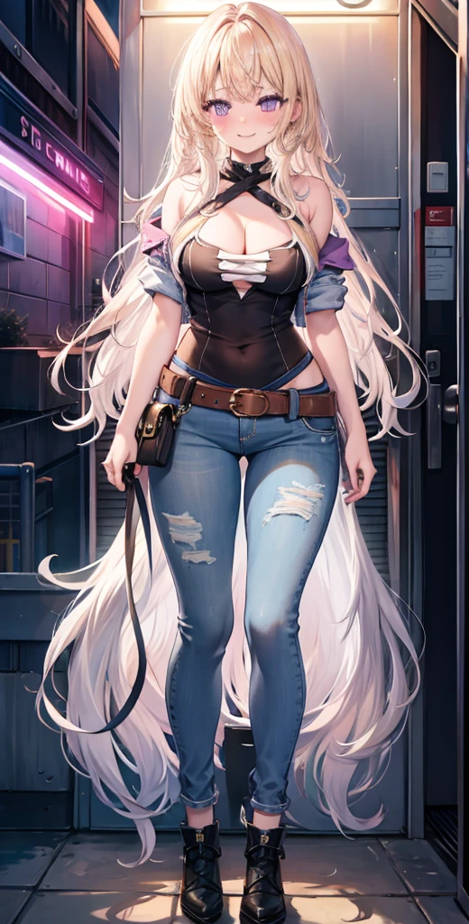 girl,Large Breasts,long hair,Topless,Bow,Blonde hair, Purple Eyes, Long hair, Large Breasts, belt, Short jeans pants,, permanent, Looking at the audience, city road, outdoor, Cleavage, blush, Shy, Smile, Show your teeth, Sexy pose, shorts, jacket, Bare shoulders.
