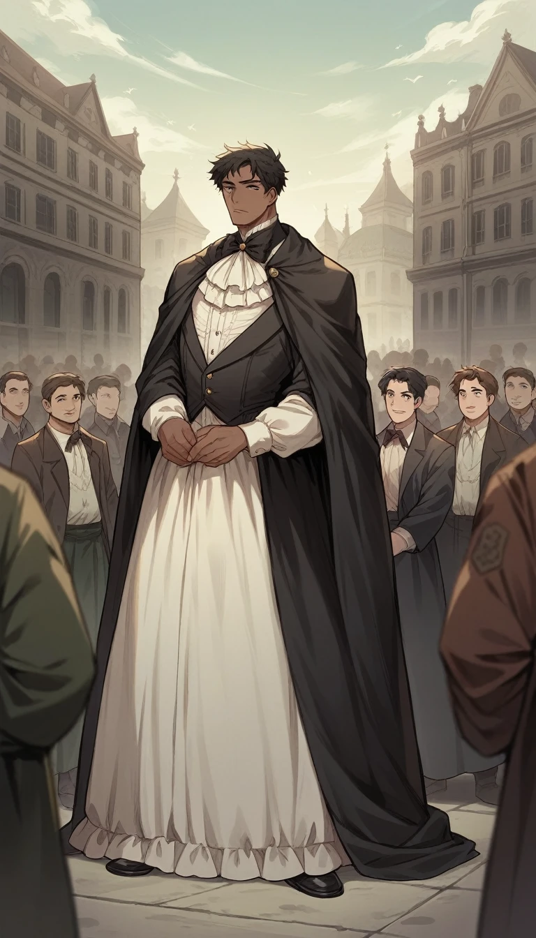 light novel cover, Victorian age, in the capital square, epic scene, young brown skin boy, black hair and dark eyes, standing in the center of the image surrounded by a large crowd, in the middle of a public speech in a city square. Surrounded by armed soldiers.
