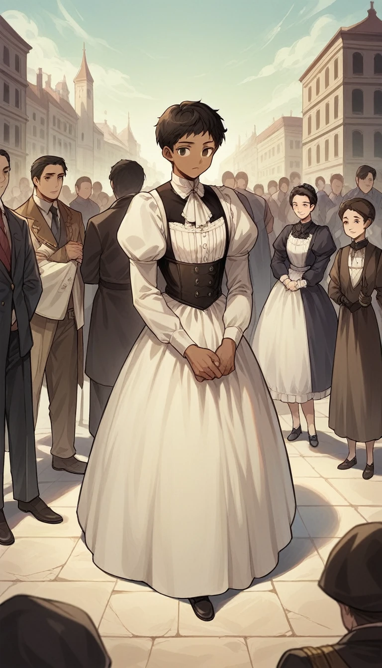 light novel cover, Victorian age, in the capital square, epic scene, young brown skin boy, black hair and dark eyes, standing in the center of the image surrounded by a large crowd, in the middle of a public speech in a city square. Surrounded by armed soldiers.