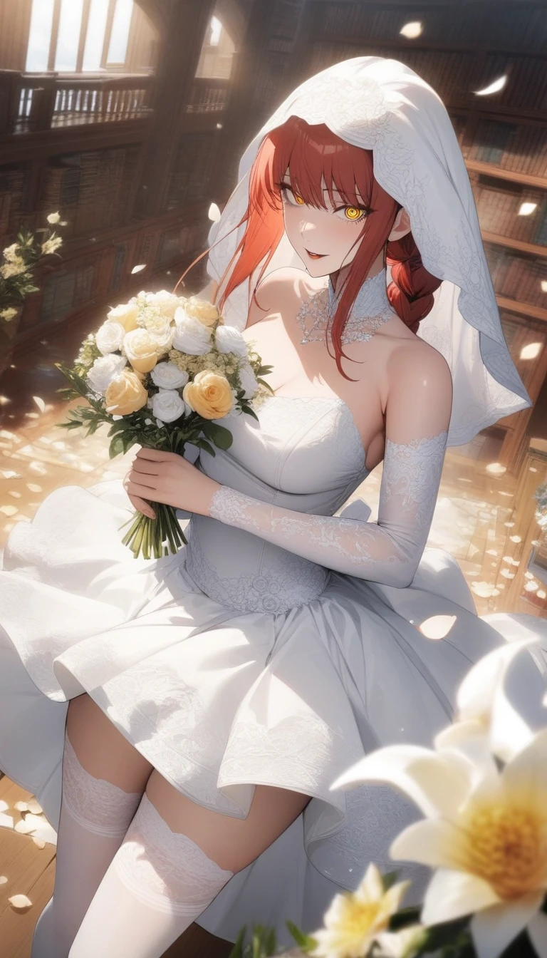 masterpiece, best quality, very aesthetic, absurdres, 1girl, mature_lady, wedding_dress,White lace miniskirt wedding dress, Holding flowers, White lace stockings, wedding hood, ,makima_(chainsaw_man),chainsaw_man, 1girl, red_hair, ringed_eyes, yellow_eyes,,surrounding by flowers,falling_petals, outdoors, petals,,in a library,floating_clothes