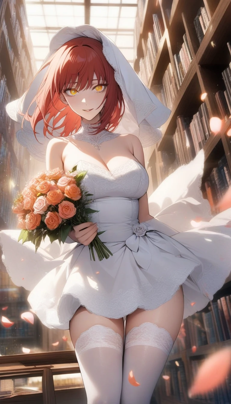 masterpiece, best quality, very aesthetic, absurdres, 1girl, mature_lady, wedding_dress,White lace miniskirt wedding dress, Holding flowers, White lace stockings, wedding hood, ,makima_(chainsaw_man),chainsaw_man, 1girl, red_hair, ringed_eyes, yellow_eyes,,surrounding by flowers,falling_petals, outdoors, petals,,in a library,floating_clothes