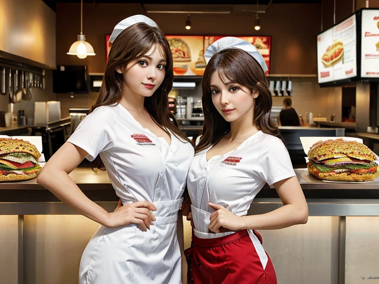 (Advertisements for fast food outletsvulgar),(photo realistic:1.4), (hyper realistic:1.4), (realistic:1.3), (smoother lighting:1.05), (increase cinematic lighting quality:0.9),japanese 15-year-old Fast food slutty female waitresses.Sweaty skin,cramped Red and white Very short apron,((sideboob)),red necktie,yellow Sun Visor Cap,smile shyly,huge breasts,steam,fast-food shop
