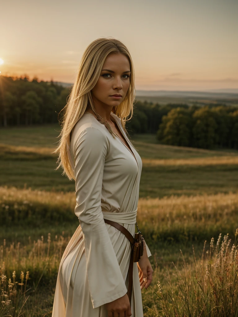 full-length, white, blonde woman standing in a meadow ( - Canada), wearing a white, beige and brown inspired Jedi cosplay outfit. The woman has a beautiful, toned,  body. The image is realistic, highly detailed. Very high resolution, 8k rendering, late afternoon lighting with the sun setting and the horizon red. The lighting is perfect, the scene is sharp, extreme realism, cinematic image. Hyper detailed face, beautiful piercing eyes, 