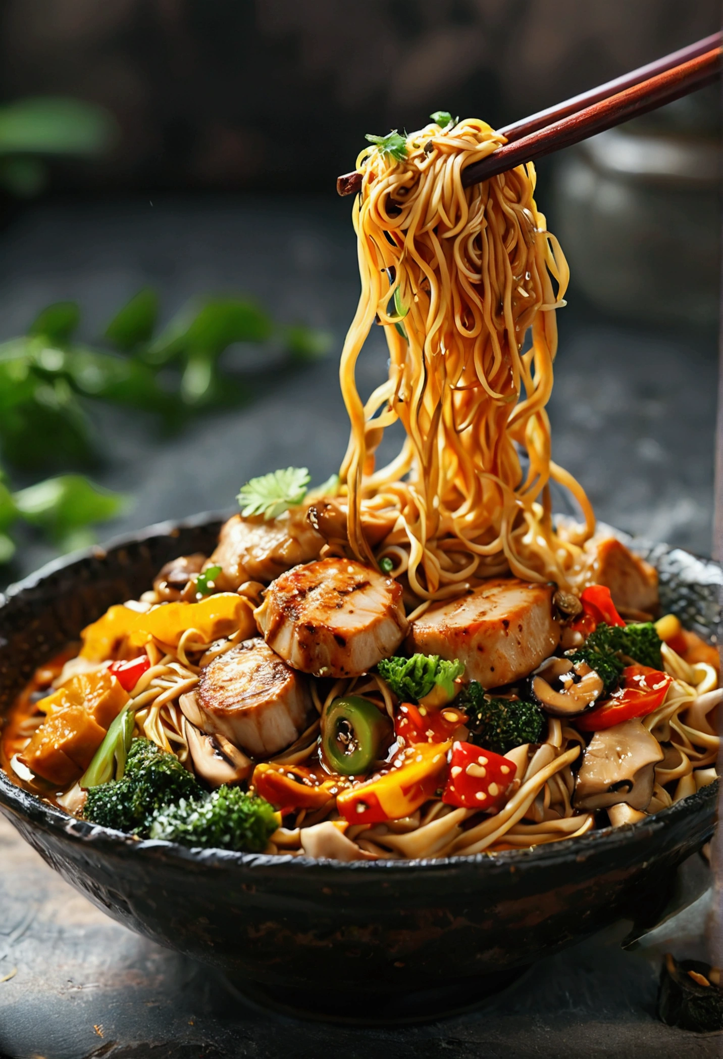 Spicy noodles that are delicious and tempting.,Fresh vegetables are plentiful.,grilled chicken,Brown conch is tasty and tasty.,Pepper has a strong flavor.,Yellow bamboo shoots are crispy and tasty.,Mushrooms have a delicate flavor.,Soybean tofu has good flavor.,The noodles that are picked up with chopsticks are fragrant.。8k illustrations