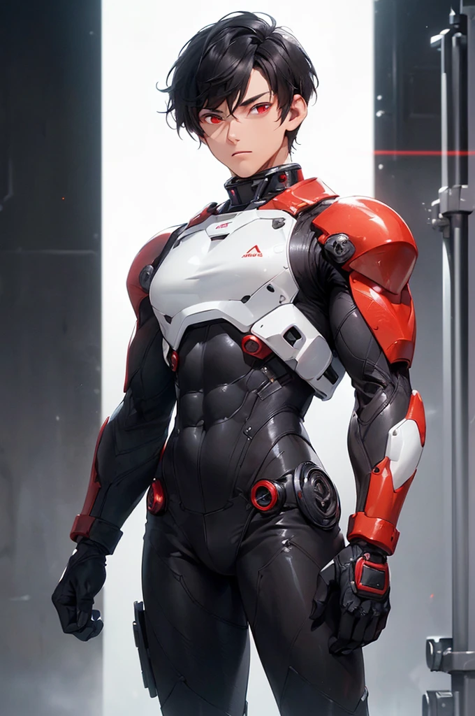 (((masterpiece; best quality: 1.2))), (finely detailed eyes: 1.3), (25 year old man), (solo), (red eyes: 1.4), (body; toned, fit, masculine: 1.3), (short black hair: 1.3), (beautiful and clear background: 1.2), ((depth of field)), (equipment: black-and-white mechpilot bodysuit + black gloves: 1.3), (anime illustration: 1.2), (background composition; hangar: 1.1), (extremely fine and handsome: 1.1), (shot composition; standing + centered on torso + close-up: 1.5), (expression; calm, stoic: 1.2)