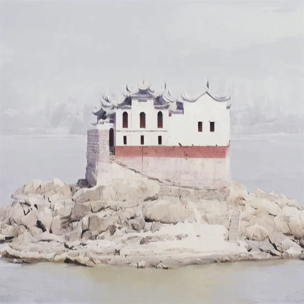 There is a small building on the rocks in the water, inspired ZHANG Kechun, ZHANG Kechun, Inspired by Zhou Jichang, Nadav Kandal, by Li Zai, by Liang Kai, by Zou Yigui, inspired by Shi Zhonggui, Inspired by Fei Danxu, Jia Ruan, By An Zhengwen, AuthorShen Zhou