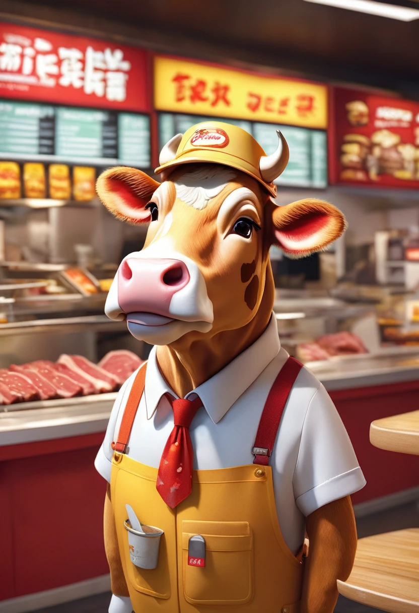Cow in a fast food restaurant employee uniform、(100 on the menu board in the background% Beef character:2.0)、Dressed animals page, Very detailed、Real、Photorealistic、Cinematic lighting、8K、Highest quality、masterpiece