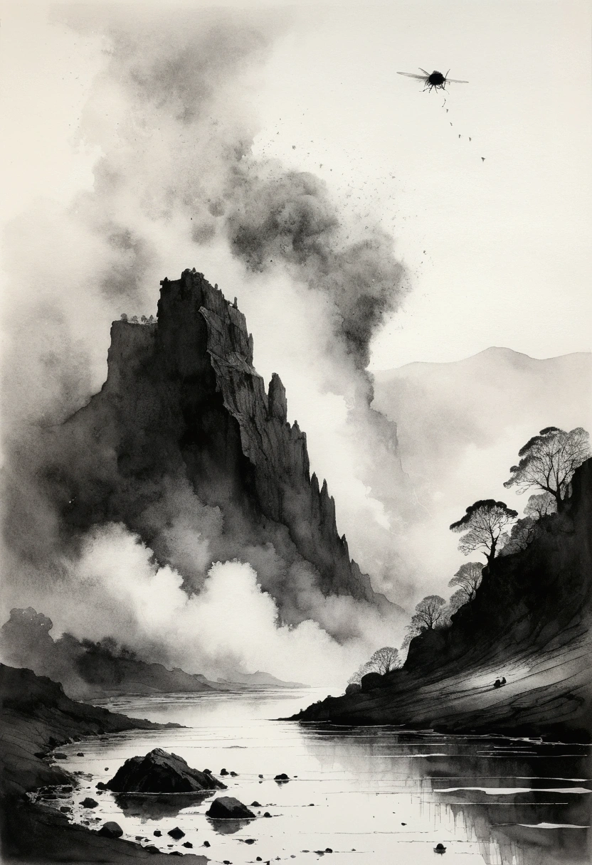 masterpiece,best quality,Norman Ackroyd Style,Fly dust etching,watercolor,black and white,illustration,Features,landscape, A person&#39;s head turns into white mist and floats away，