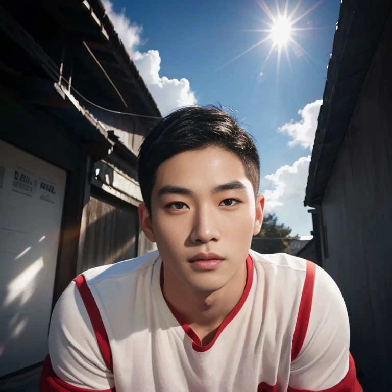 A shirtless Asian man with a round face., black eyes, staring at the viewer, morning sun, ((face details)), Double eyelids, realistic, Masterpiece, short hair, black eyes,abdominal muscles, The body is beautiful and strong...,, (digital painting, HDR, high contrast