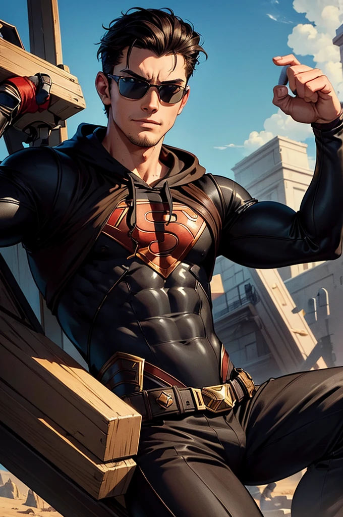 ((illustration)), (best quality)), ((masterpiece)), (detailed), ((cinematic)), teenage, boy, dark hair, brown eyes, muscular, shirt, black hoodie, sunglass, smirking, solo, gauntlet, day, stylish, slick hair, modern, superhero landing, image cover