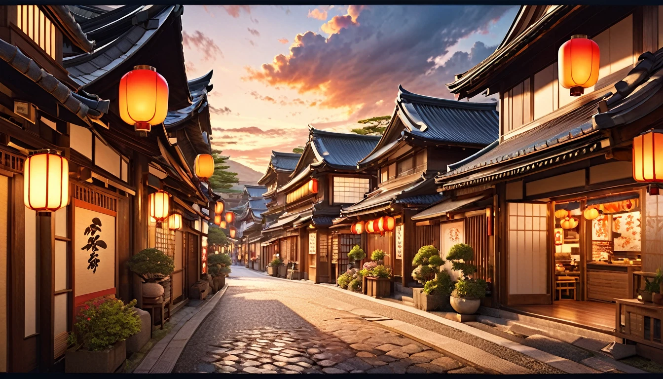 a beautiful detailed sunset over a traditional japanese townscape, detailed architecture, cobblestone streets, lanterns, shops, detailed trees, detailed clouds, detailed lighting, (best quality,8k,highres,masterpiece:1.2),ultra-detailed,(realistic,photorealistic,photo-realistic:1.37),intricate details,vibrant colors,dramatic lighting,cinematic composition,elegant japanese aesthetic,warm color palette,golden hour lighting