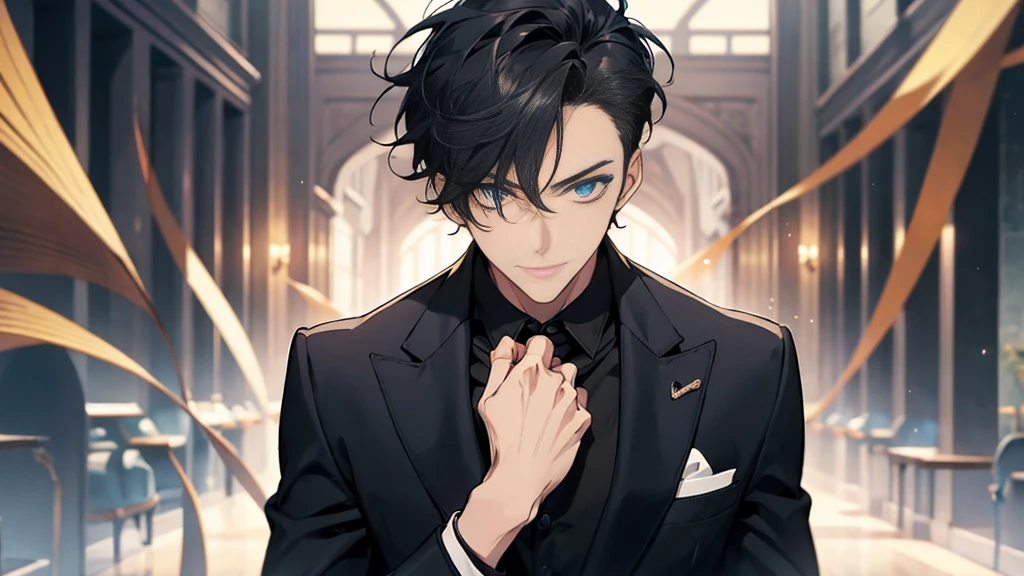 ,Masterpiece,best quality,Very detailed,anime,a handsome man, man,manที่เป็นผู้ใหญ่, A quiet and charming young man, 30 years old, smile, gag, Portrait, Highly detailed face, ((blue eyes)), ((ผมสั้นblack)),manหล่อ ,Short hair Quiff Hairstyle,ผมสั้นblack,blue eyes, alone,stare,smile,stand,back light,blue eyes,muscle,business suit, เสื้อสูทblack(black),เสื้อเชื้ตblack, All Black,Masterpiece,best quality,Very detailed