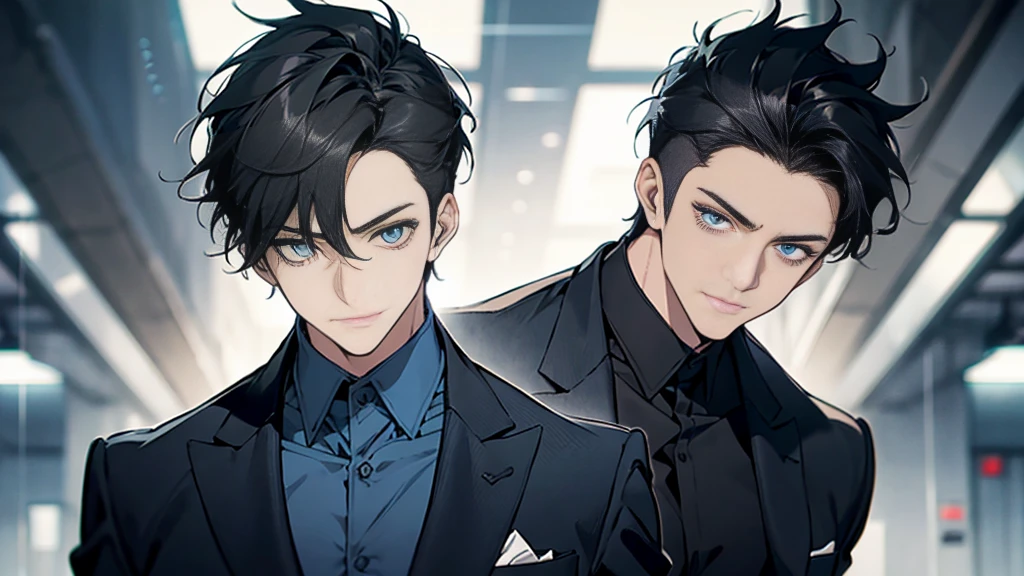 ,Masterpiece,best quality,Very detailed,anime,a handsome man, man,manที่เป็นผู้ใหญ่, A quiet and charming young man, 30 years old, smile, gag, Portrait, Highly detailed face, ((blue eyes)), ((ผมสั้นblack)),manหล่อ ,Short hair Quiff Hairstyle,ผมสั้นblack,blue eyes, alone,stare,smile,stand,back light,blue eyes,muscle,business suit, เสื้อสูทblack(black),เสื้อเชื้ตblack, All Black,Masterpiece,best quality,Very detailed