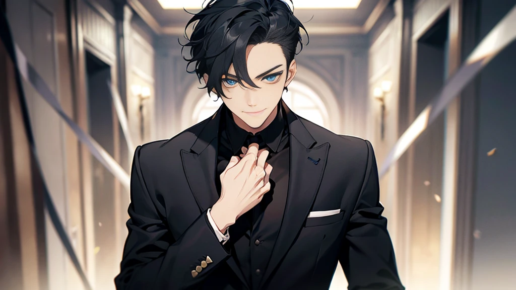 ,Masterpiece,best quality,Very detailed,anime,a handsome man, man,manที่เป็นผู้ใหญ่, A quiet and charming young man, 30 years old, smile, gag, Portrait, Highly detailed face, ((blue eyes)), ((ผมสั้นblack)),manหล่อ ,Short hair Quiff Hairstyle,ผมสั้นblack,blue eyes, alone,stare,smile,stand,back light,blue eyes,muscle,business suit, เสื้อสูทblack(black),เสื้อเชื้ตblack, All Black,Masterpiece,best quality,Very detailed