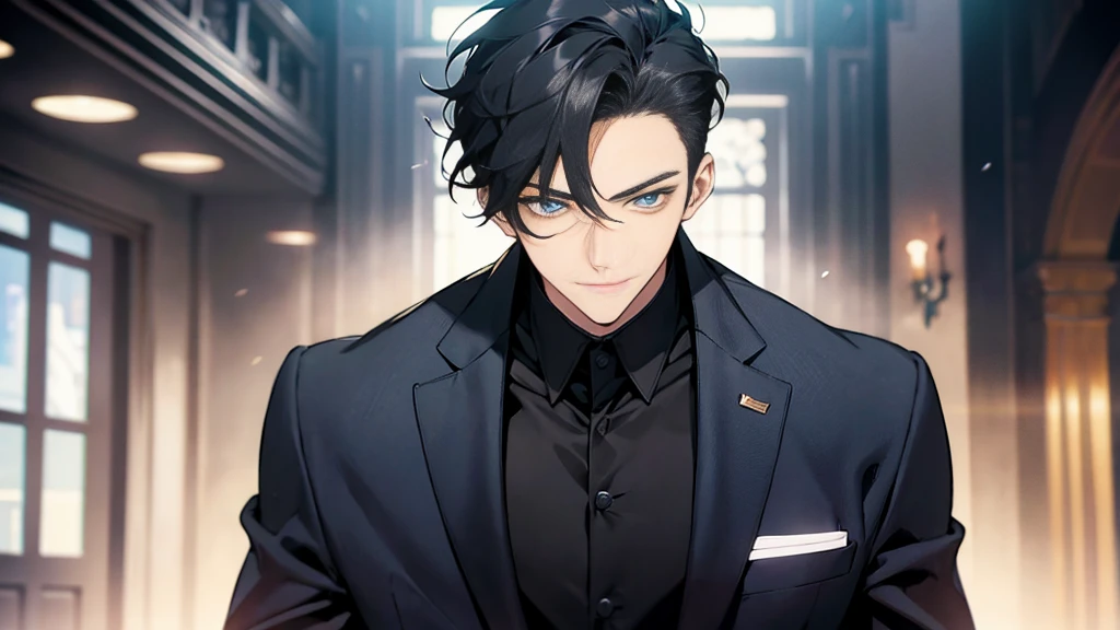 ,Masterpiece,best quality,Very detailed,anime,a handsome man, man,manที่เป็นผู้ใหญ่, A quiet and charming young man, 30 years old, smile, gag, Portrait, Highly detailed face, ((blue eyes)), ((ผมสั้นblack)),manหล่อ ,Short hair Quiff Hairstyle,ผมสั้นblack,blue eyes, alone,stare,smile,stand,back light,blue eyes,muscle,business suit, เสื้อสูทblack(black),เสื้อเชื้ตblack, All Black,Masterpiece,best quality,Very detailed