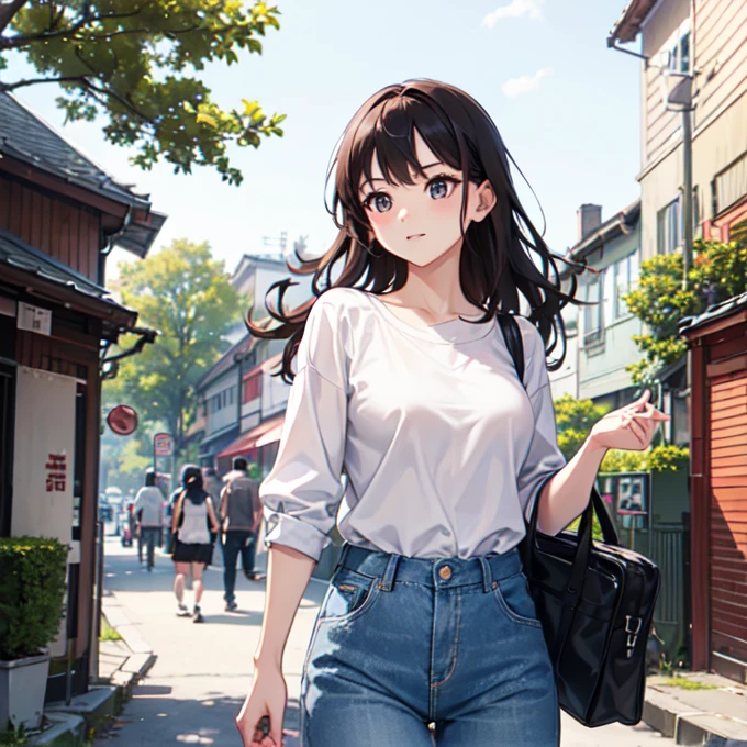 A beautiful girl dressed in casual clothes that adults would wear、Walking along a country road。