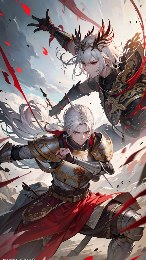 a man warrior archer with medium-cut white hair, red eyes, detailed facial features, beautiful, ornate armor, wielding a longbow, in a battle scene, medieval fantasy, dramatic lighting, cinematic composition, epic, highly detailed, 8k, photorealistic, masterpiece