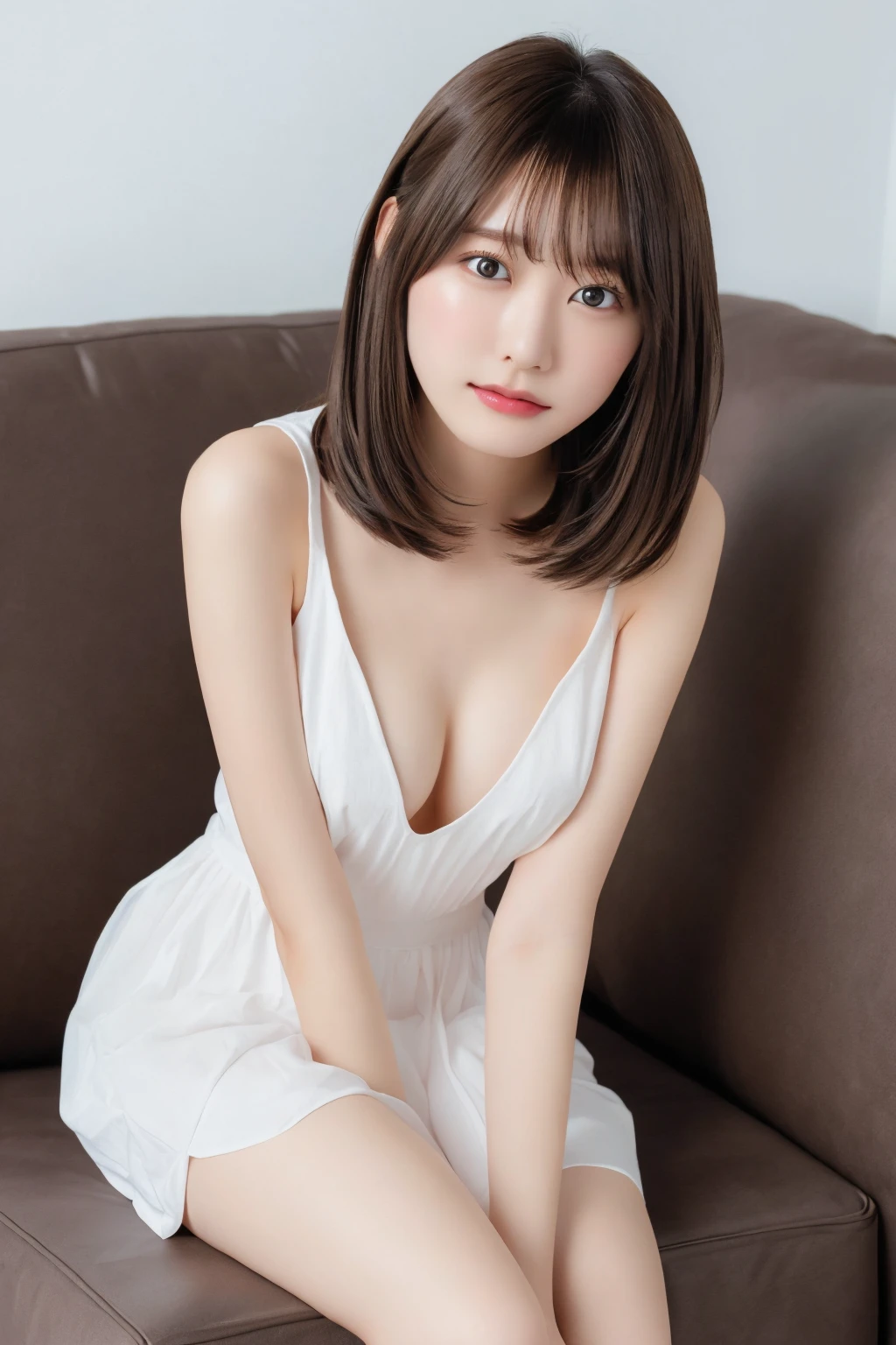 (8K highest quality)、(beautiful)、Precision Eyes、Fine skin、22-year-old female、Stylish、Brown eyes、Soft Breasts、Brown Hair、looking at the camera、Full view of 、Completely naked、Semi-short hair、Sit on the sofa、Precision nipples、Leaning forward、bangs、Full view of the genitals