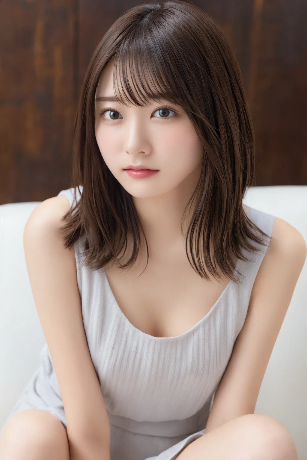 (8K highest quality)、（beautiful）、Precision Eyes、Fine skin、22-year-old female、Stylish、Brown eyes、Soft Breasts、Brown Hair、looking at the camera、Full view of 、Completely naked、Semi-short hair、Sit on the sofa、Precision nipples、Leaning forward、bangs、Full view of the genitals